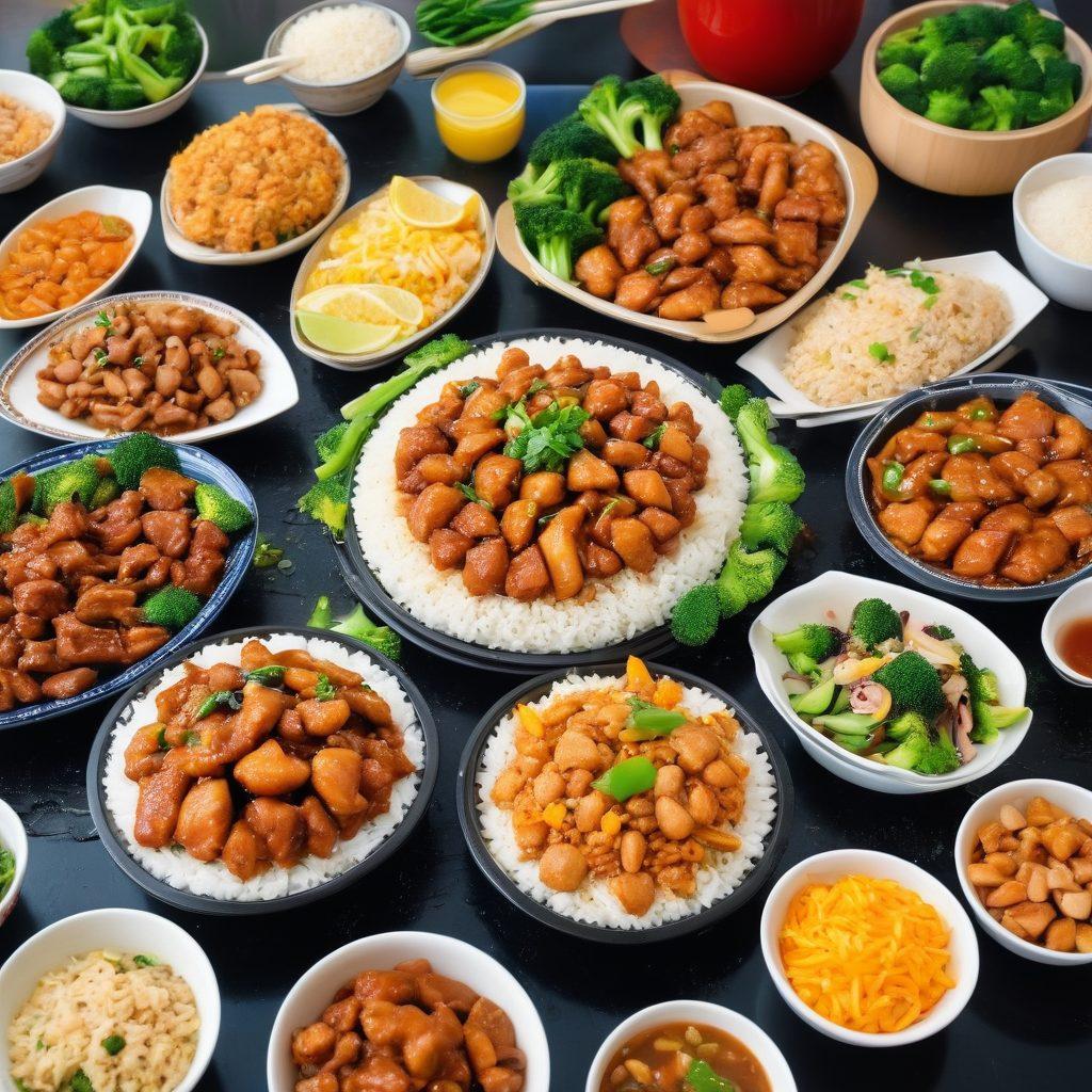 A vibrant scene of a Panda Express restaurant with an inviting entrance, showcasing a variety of colorful and appetizing dishes like orange chicken, broccoli beef, and fried rice on neatly arranged plates. Add a section highlighting healthy options with fresh vegetables and grilled meats. Include chefs in action, cooking with enthusiasm and a lively atmosphere. super-realistic. vibrant colors.