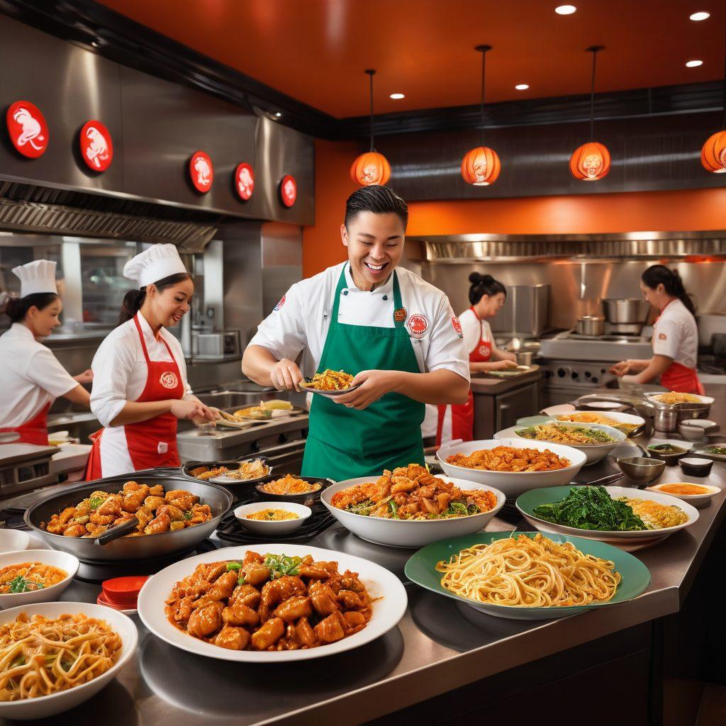 A bustling Panda Express kitchen with chefs expertly tossing fresh ingredients in woks, vibrant stir-fry dishes being plated, and a cheerful family enjoying a meal together at a warmly lit dining table. Include iconic dishes like Orange Chicken and Chow Mein, and ensure the atmosphere is lively and inviting. super-realistic. vibrant colors.