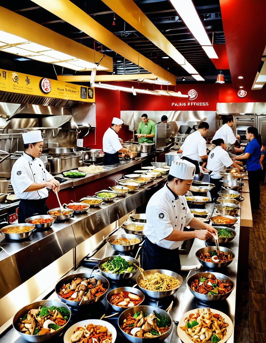 A vibrant scene at a Panda Express restaurant showcasing Wok Smart dishes with fresh ingredients like colorful vegetables, lean meats, and tofu. Customers happily enjoying their meals, emphasizing a health-conscious atmosphere. Include chefs actively cooking with woks in the background. super-realistic. vibrant colors.